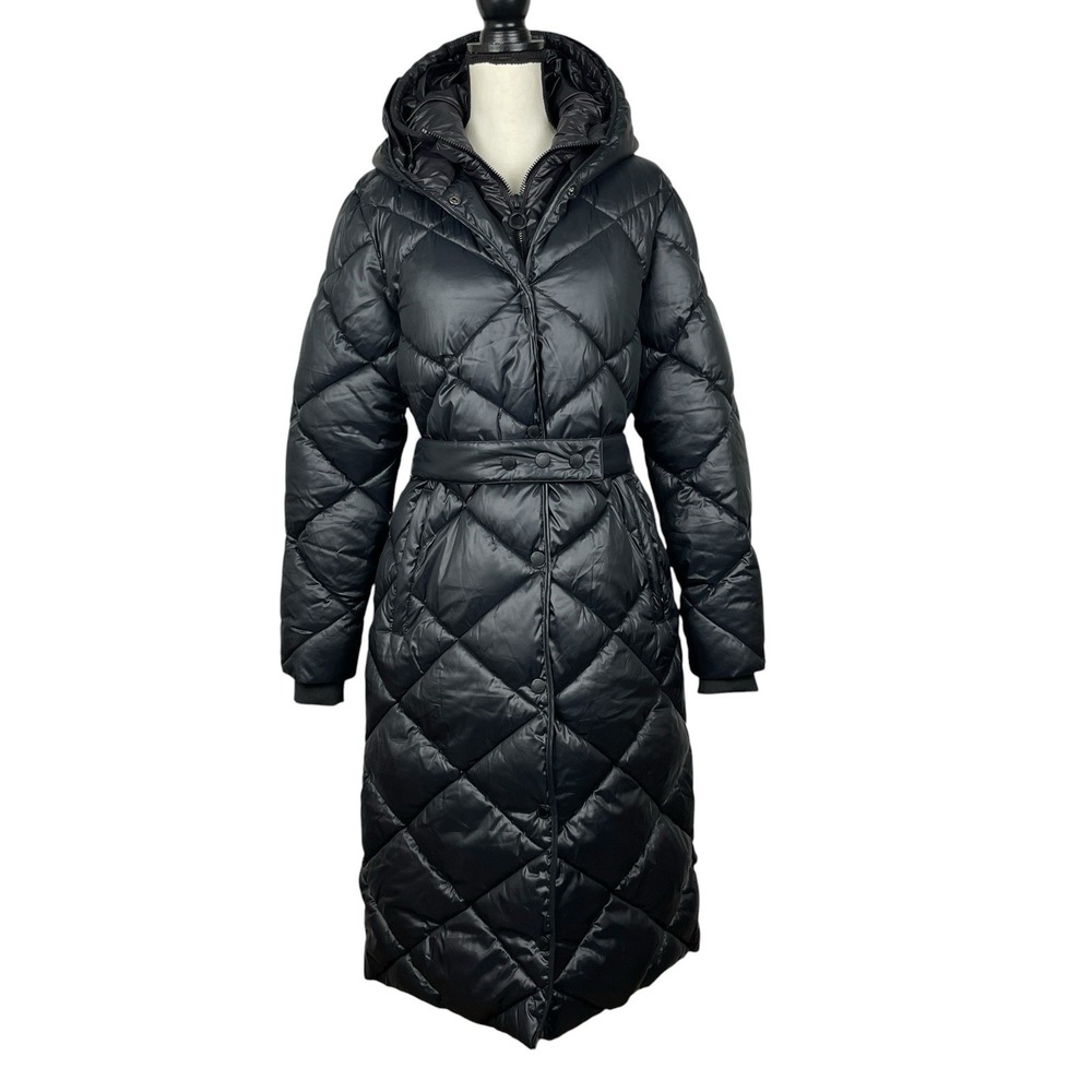 NOIZE Women's Amiyah Long Puffer Coat Large Black Belted Diamond Quilt Jacket